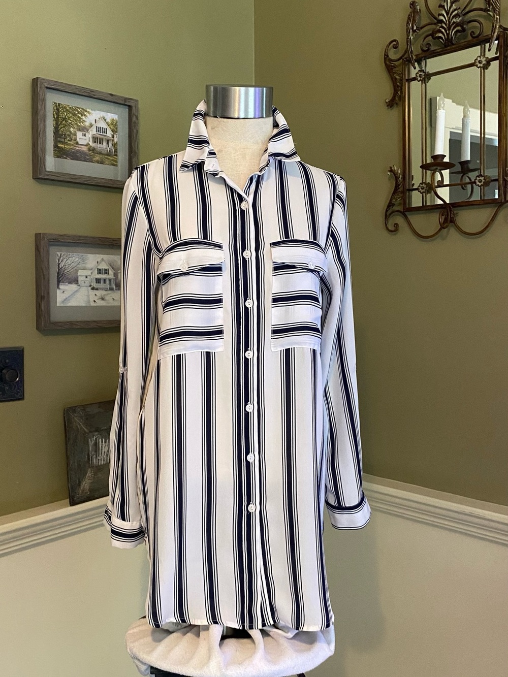 Forever 21 striped Long sleeve Shirt Dress - White & Navy